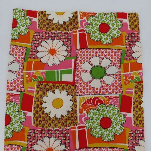 Retro 2 Curtains Pink White Yellow Orange Floral Flower Patchwork Pom Pom Trim - Picture 5 of 8